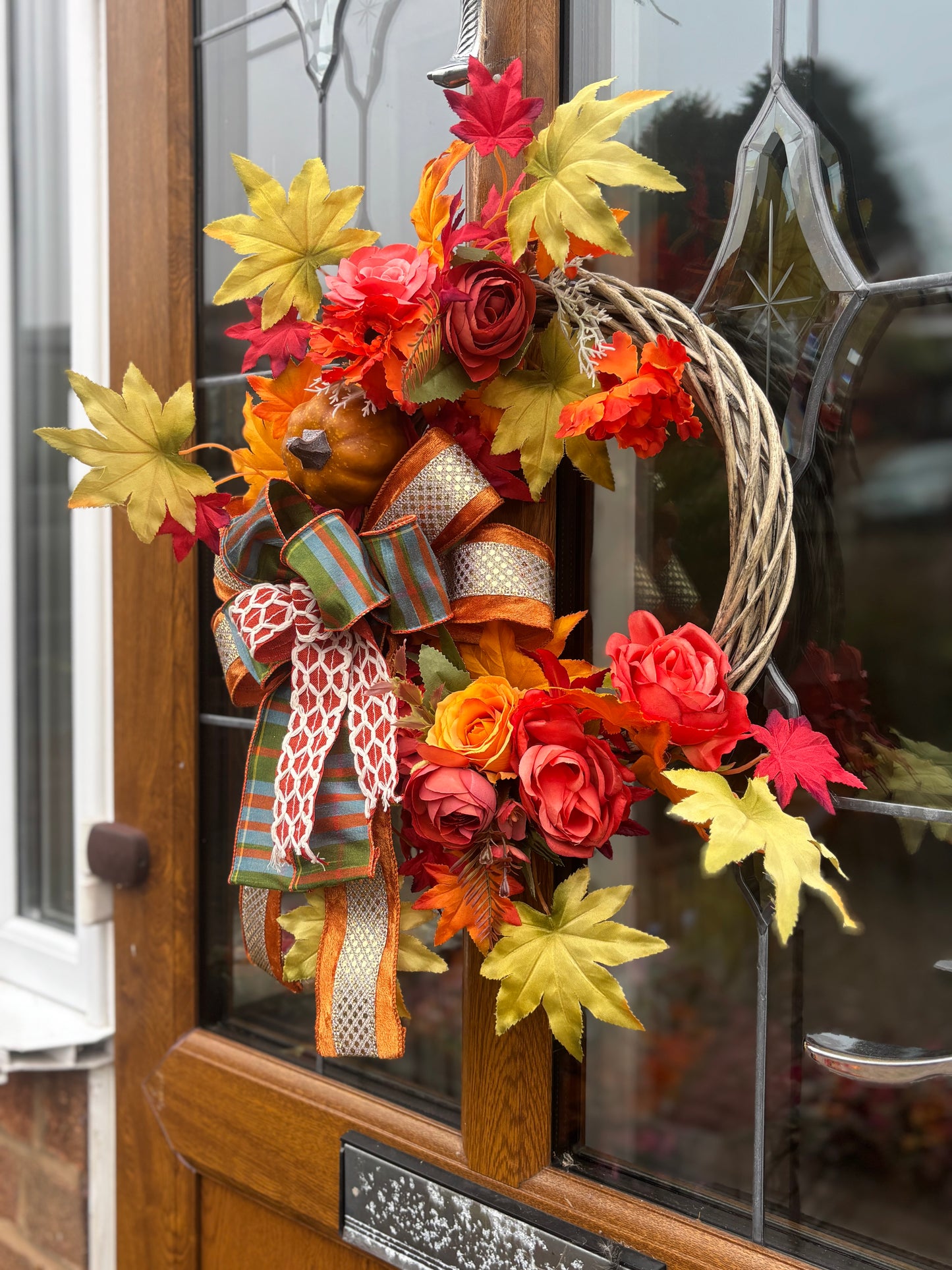 Autumn Wreath: Orange Roses, Maple Leaves & Pumpkin - Grey Wicker Door Decor