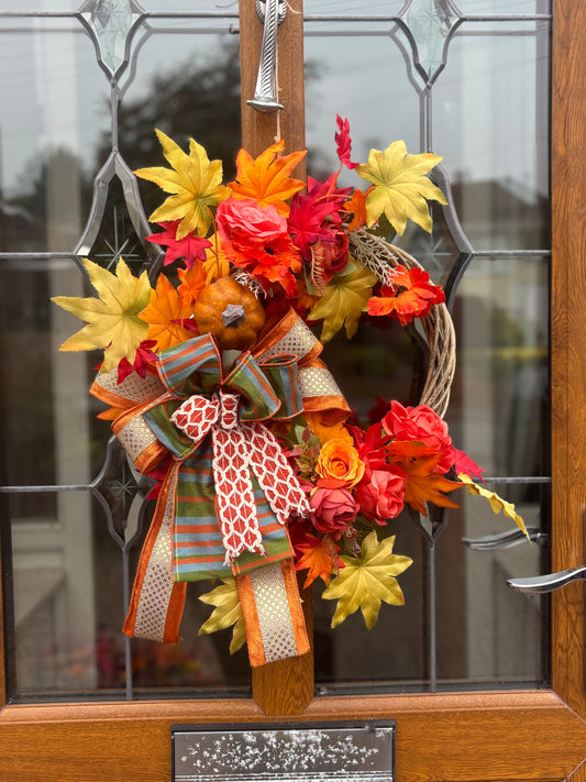 Autumn Wreath: Orange Roses, Maple Leaves & Pumpkin - Grey Wicker Door Decor
