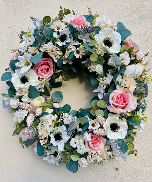 Blush Pink & Ivory Spring Wreath with Roses, Anemones & Eucalyptus | Luxury Cottage Garden Door Wreath