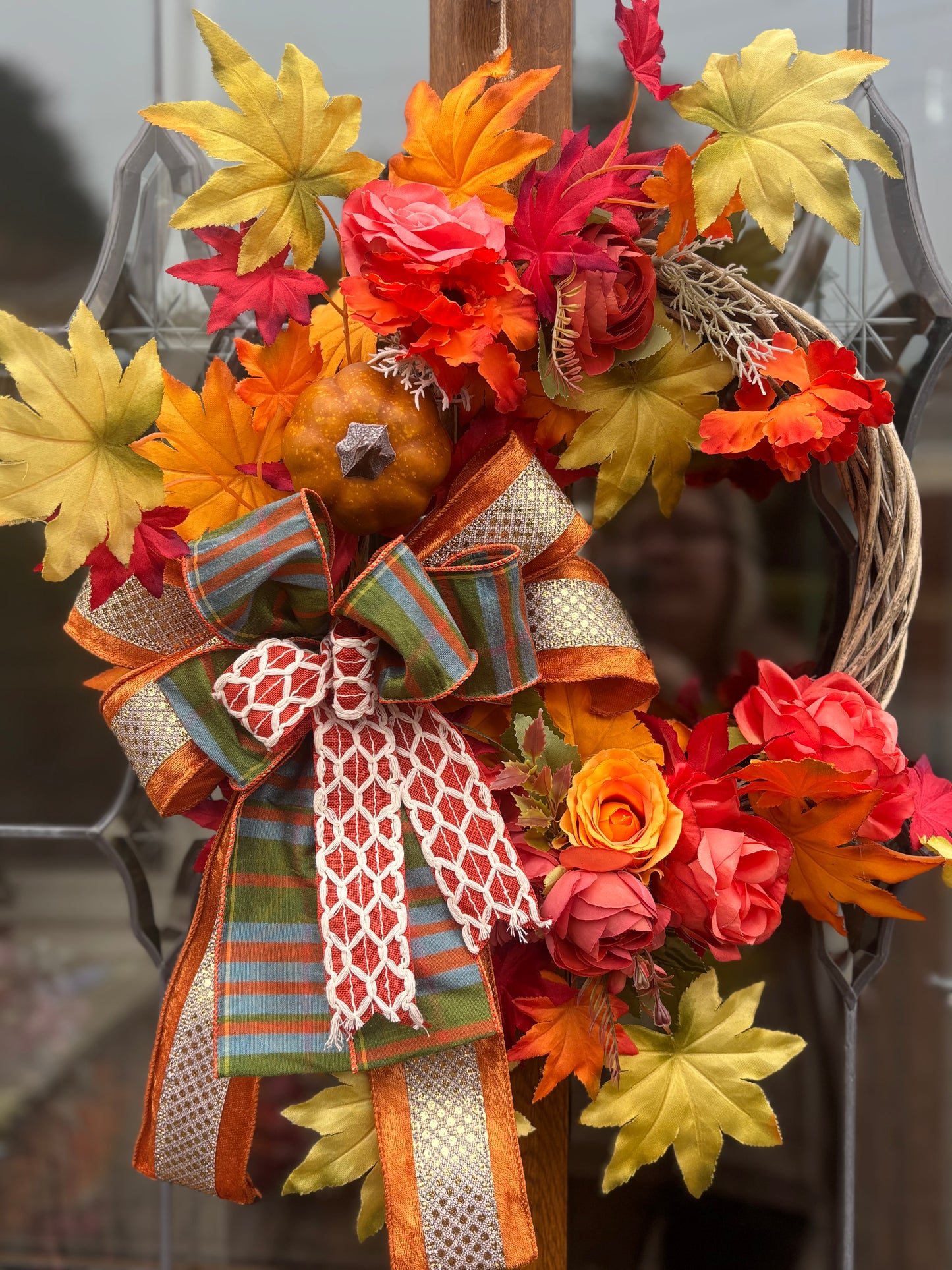 Autumn Wreath: Orange Roses, Maple Leaves & Pumpkin - Grey Wicker Door Decor