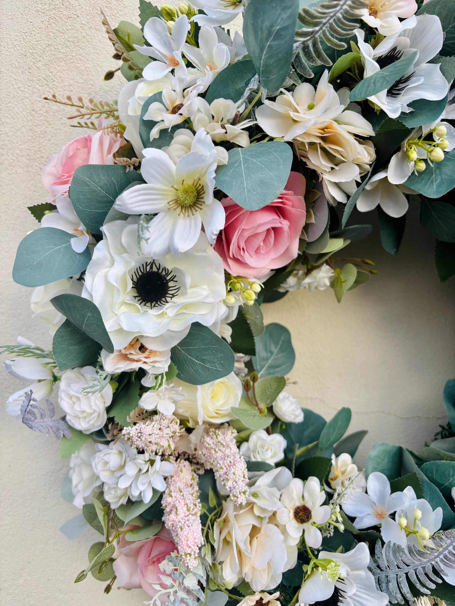 Blush Pink & Ivory Spring Wreath with Roses, Anemones & Eucalyptus | Luxury Cottage Garden Door Wreath