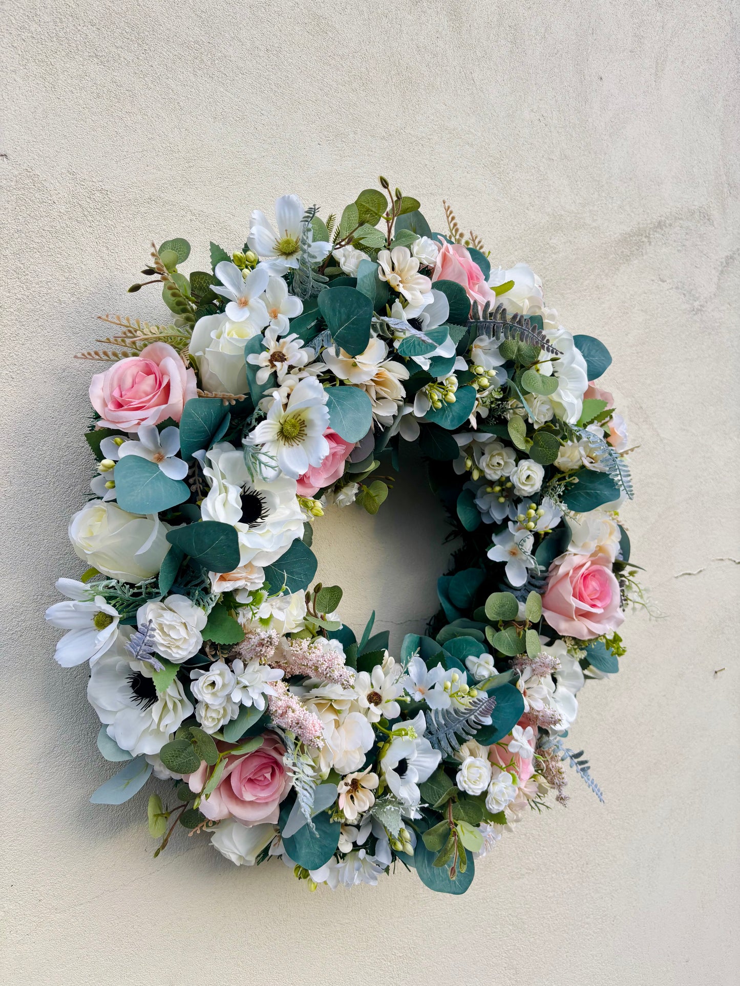 Blush Pink & Ivory Spring Wreath with Roses, Anemones & Eucalyptus | Luxury Cottage Garden Door Wreath