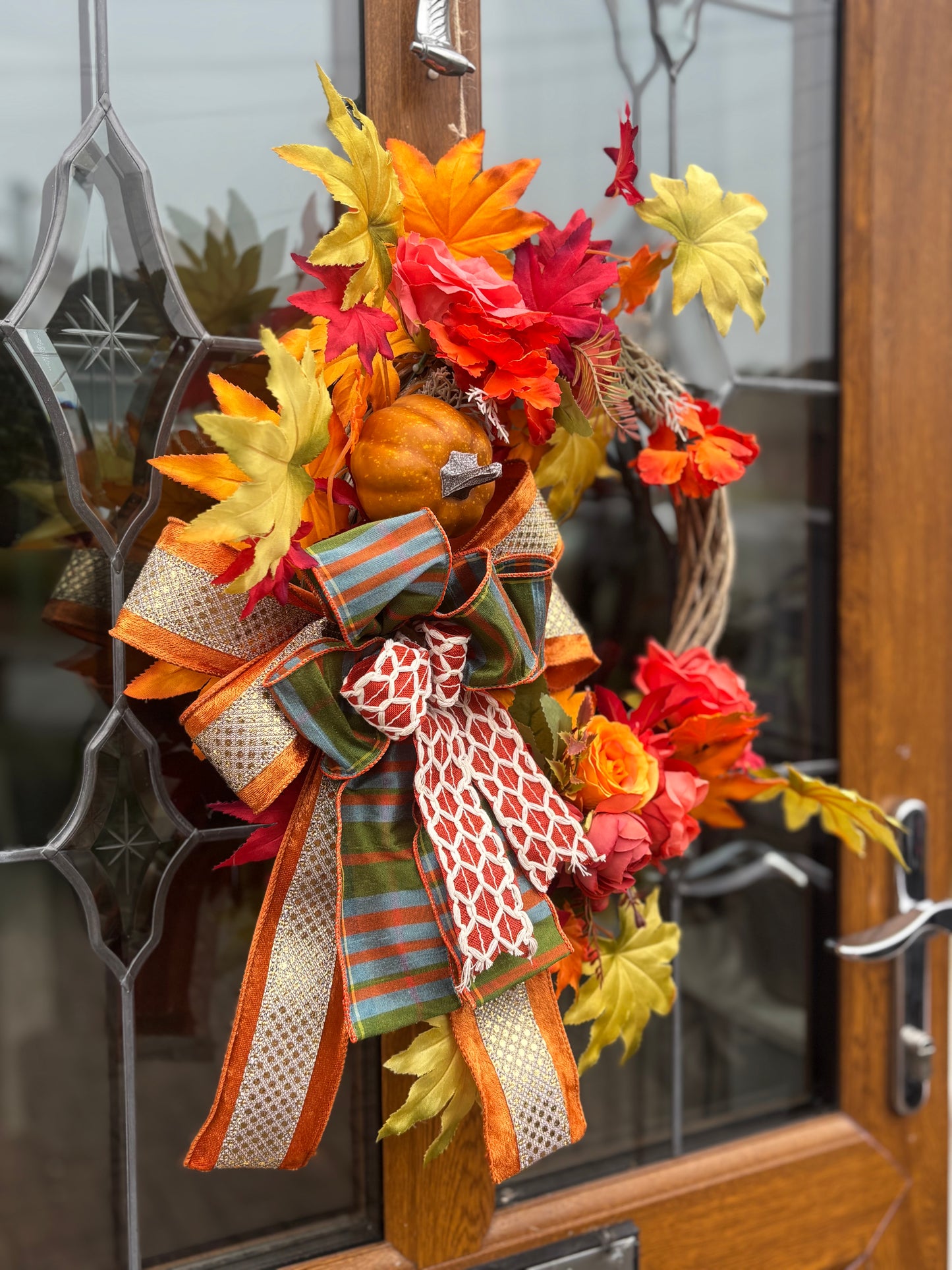 Autumn Wreath: Orange Roses, Maple Leaves & Pumpkin - Grey Wicker Door Decor