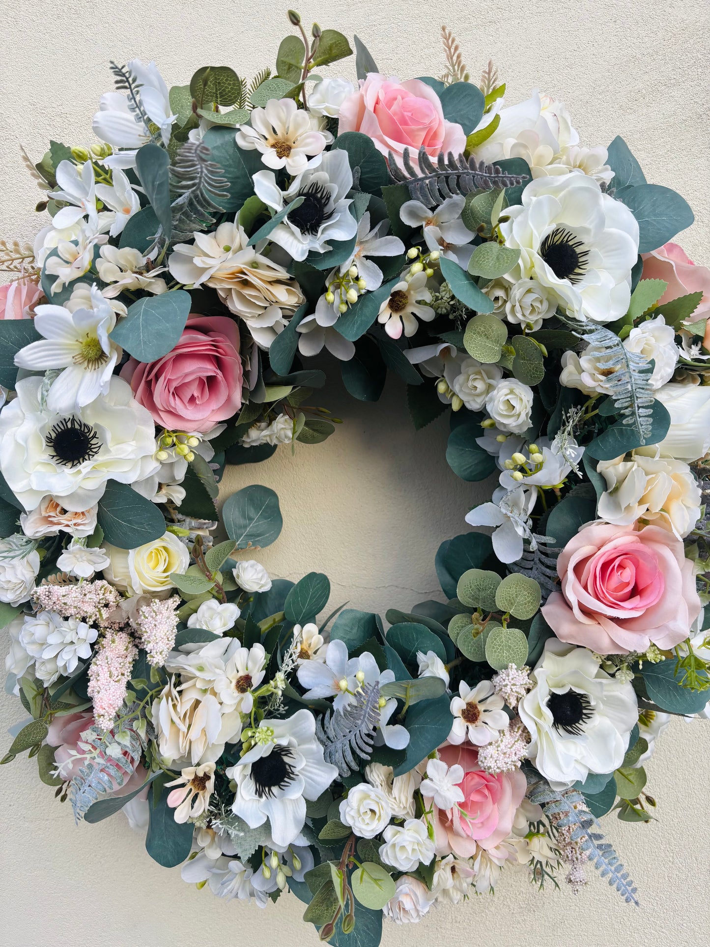 Blush Pink & Ivory Spring Wreath with Roses, Anemones & Eucalyptus | Luxury Cottage Garden Door Wreath