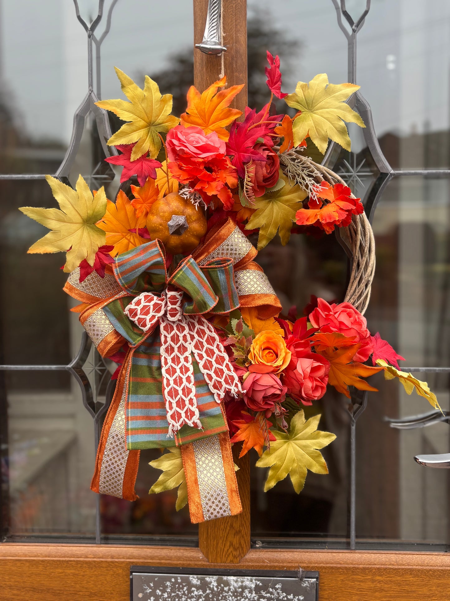 Autumn Wreath: Orange Roses, Maple Leaves & Pumpkin - Grey Wicker Door Decor