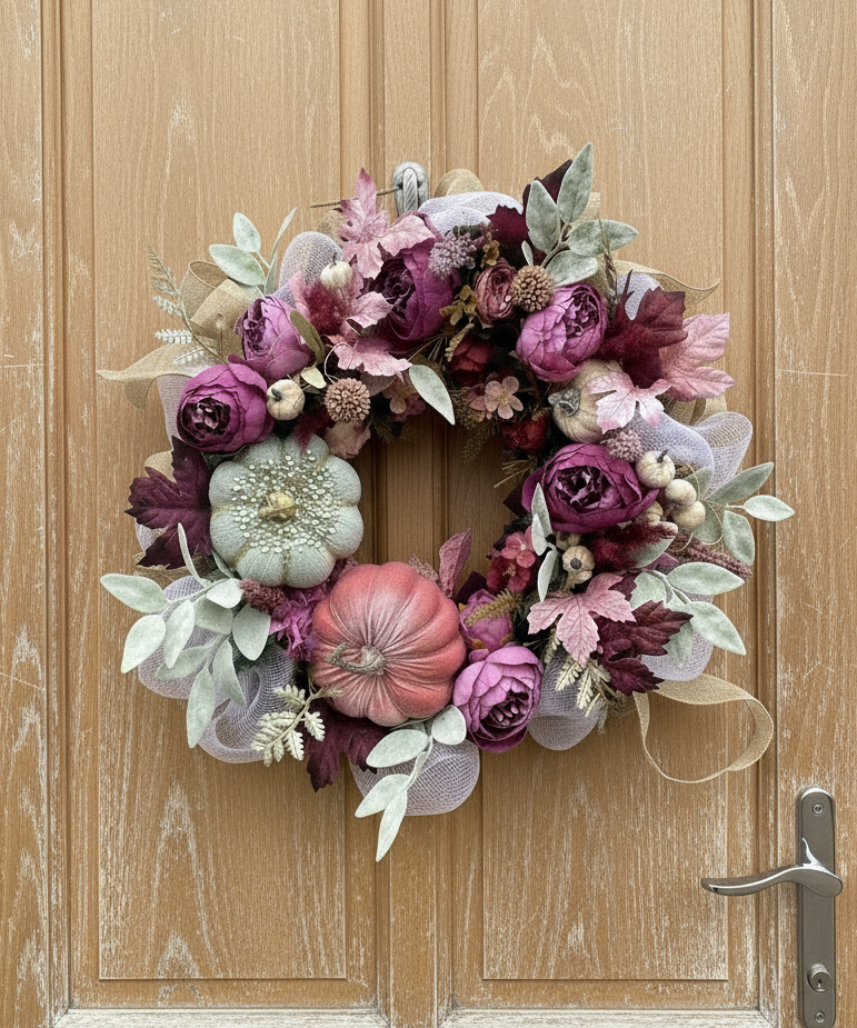 Autumn Lush Wreath: Roses, Hydrangeas & Velvet Pumpkins - Boho Fall Decor