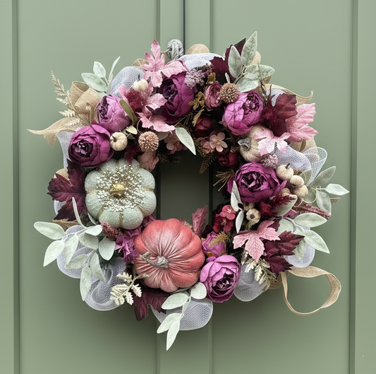 Autumn Lush Wreath: Roses, Hydrangeas & Velvet Pumpkins - Boho Fall Decor