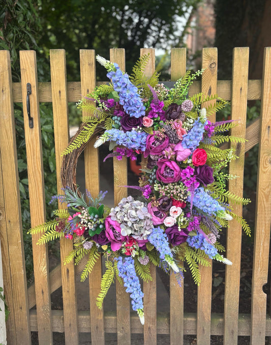 Large Purple Floral Wreath: Handmade Delphinium, Roses & Fern