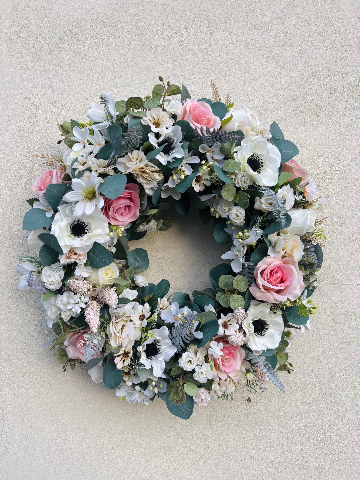 Blush Pink & Ivory Spring Wreath with Roses, Anemones & Eucalyptus | Luxury Cottage Garden Door Wreath
