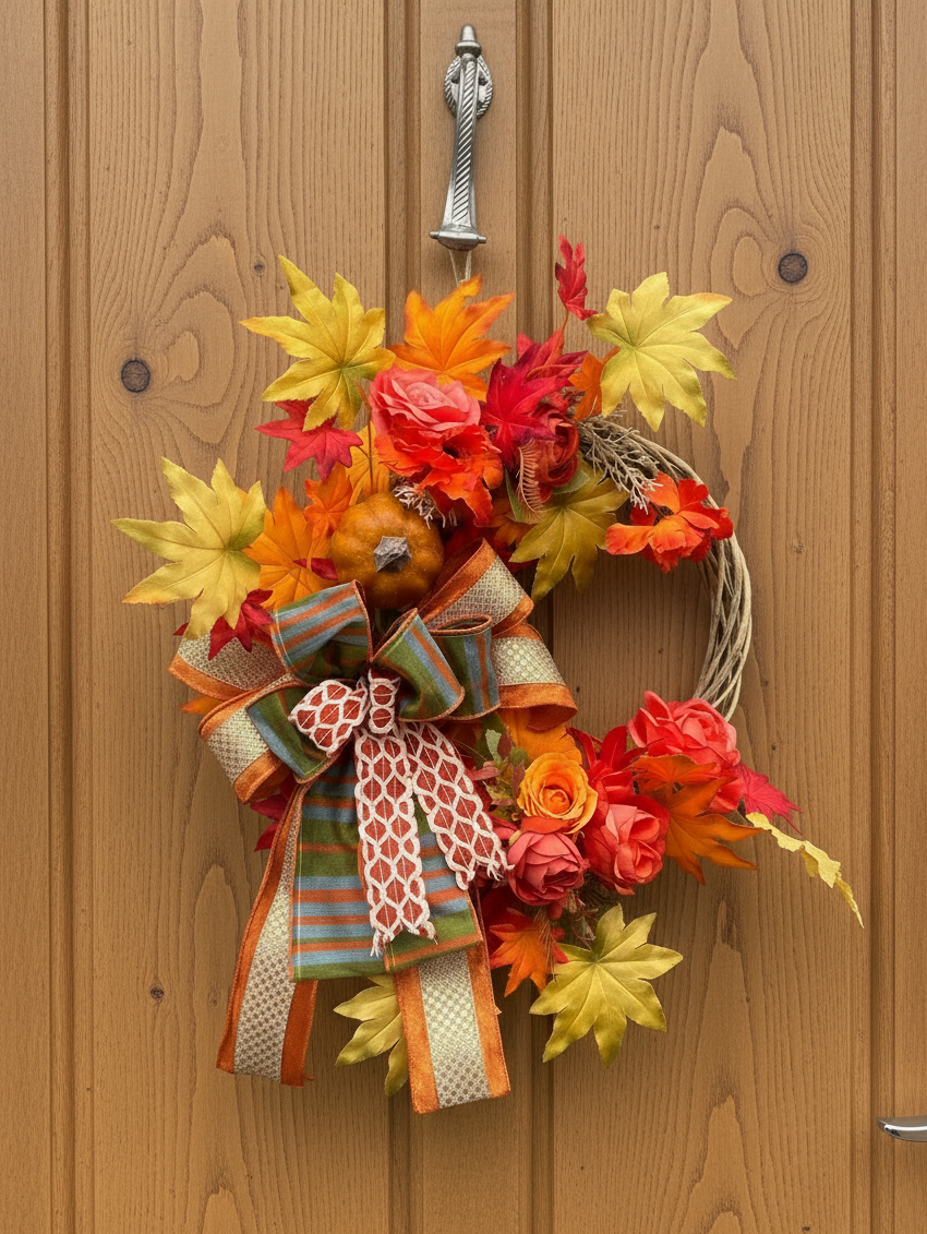 Autumn Wreath: Orange Roses, Maple Leaves & Pumpkin - Grey Wicker Door Decor