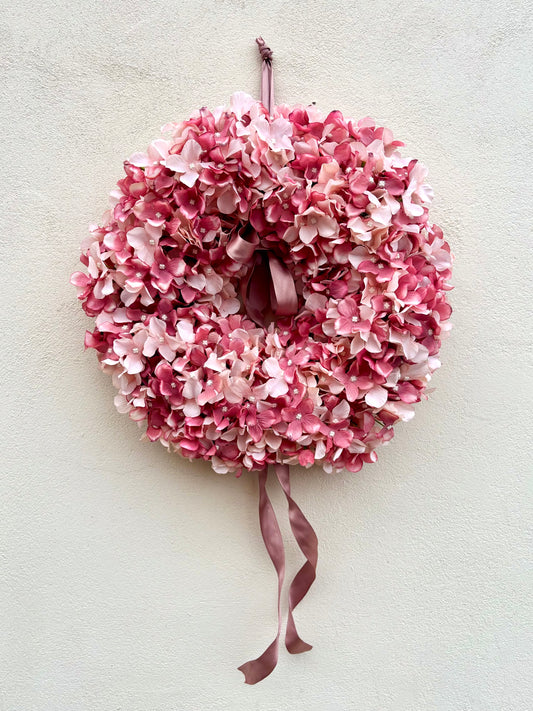 Dusky Pink Hydrangea Wreath with Satin Ribbon