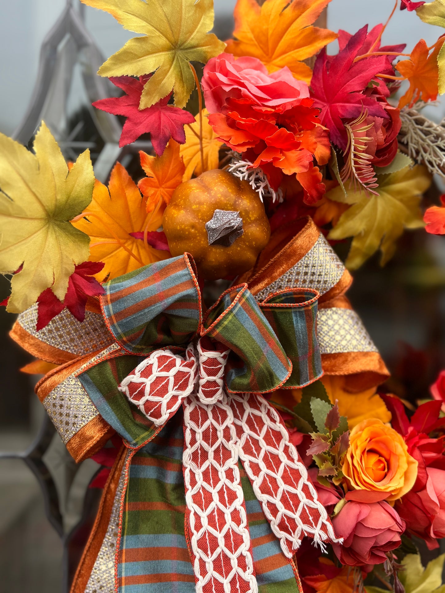 Autumn Wreath: Orange Roses, Maple Leaves & Pumpkin - Grey Wicker Door Decor