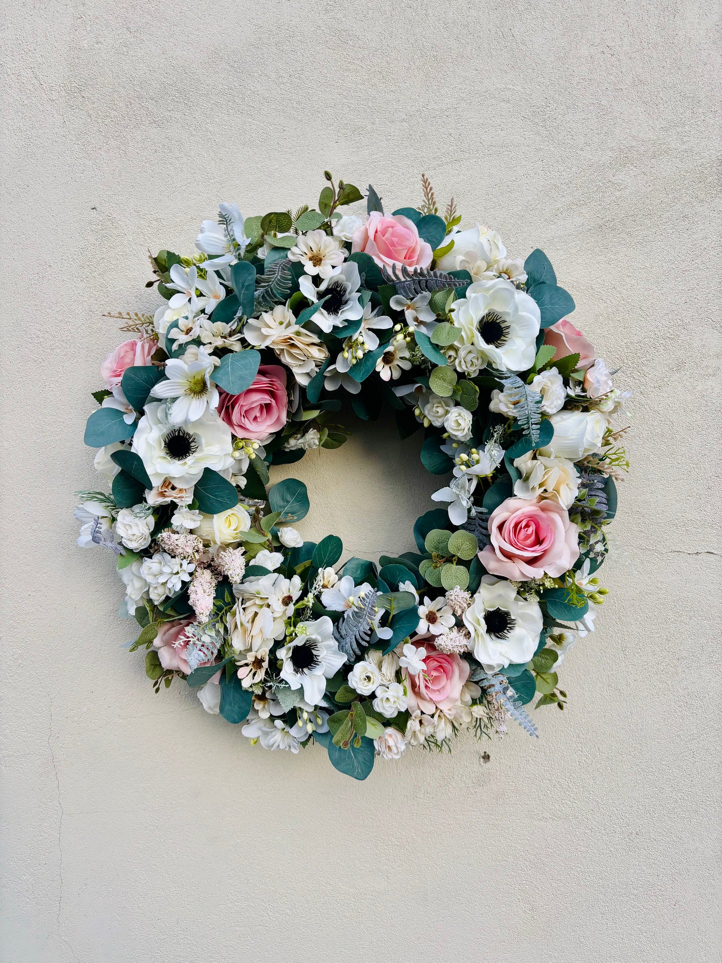 Blush Pink & Ivory Spring Wreath with Roses, Anemones & Eucalyptus | Luxury Cottage Garden Door Wreath