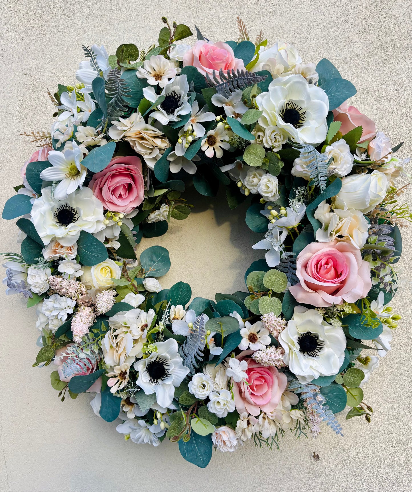 Blush Pink & Ivory Spring Wreath with Roses, Anemones & Eucalyptus | Luxury Cottage Garden Door Wreath