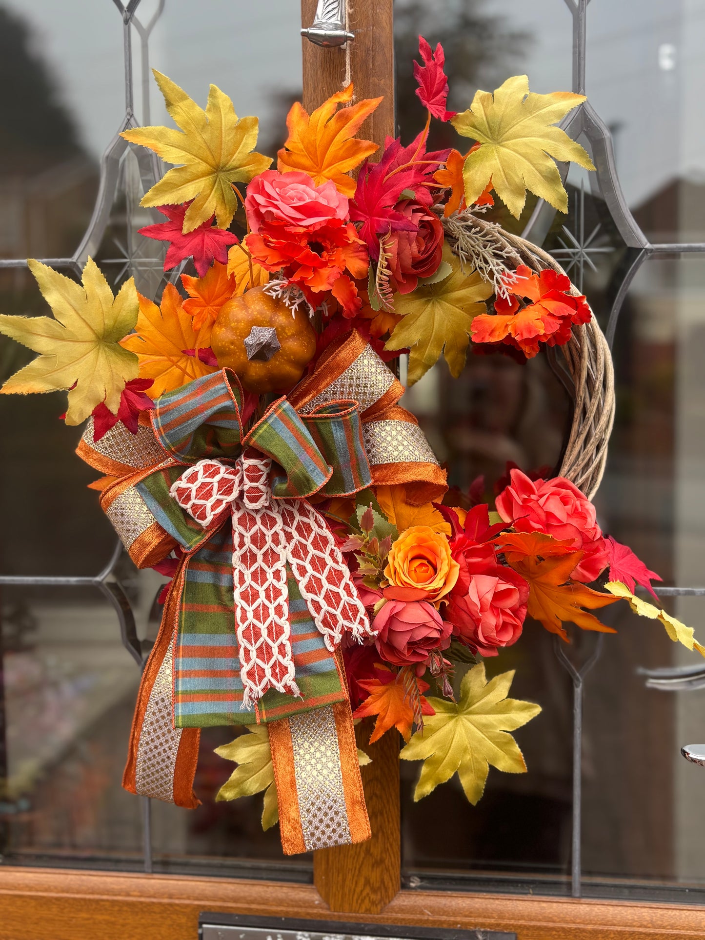 Autumn Wreath: Orange Roses, Maple Leaves & Pumpkin - Grey Wicker Door Decor