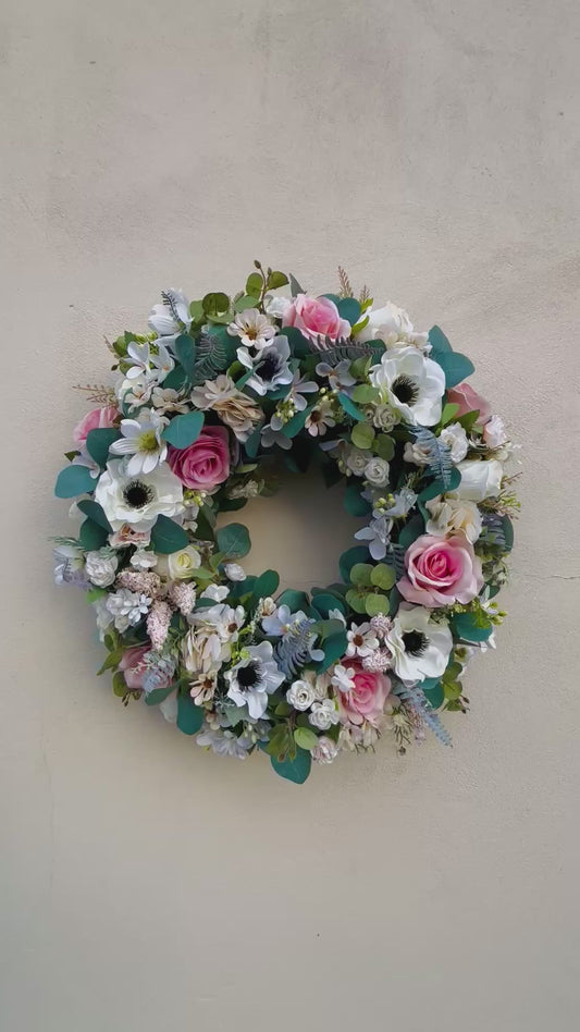 Blush Pink & Ivory Spring Wreath with Roses, Anemones & Eucalyptus | Luxury Cottage Garden Door Wreath
