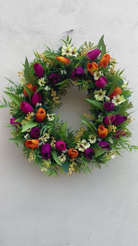 Large Handmade Spring Tulip Wreath | Vibrant Floral Door Decor (55cm)