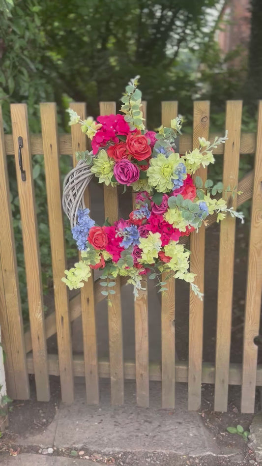 Charley – Half Floral Grey Wicker Wreath with Dahlia, Roses & Hydrangea (60cm)