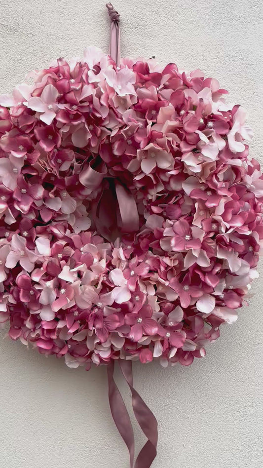 Dusky Pink Hydrangea Wreath with Satin Ribbon